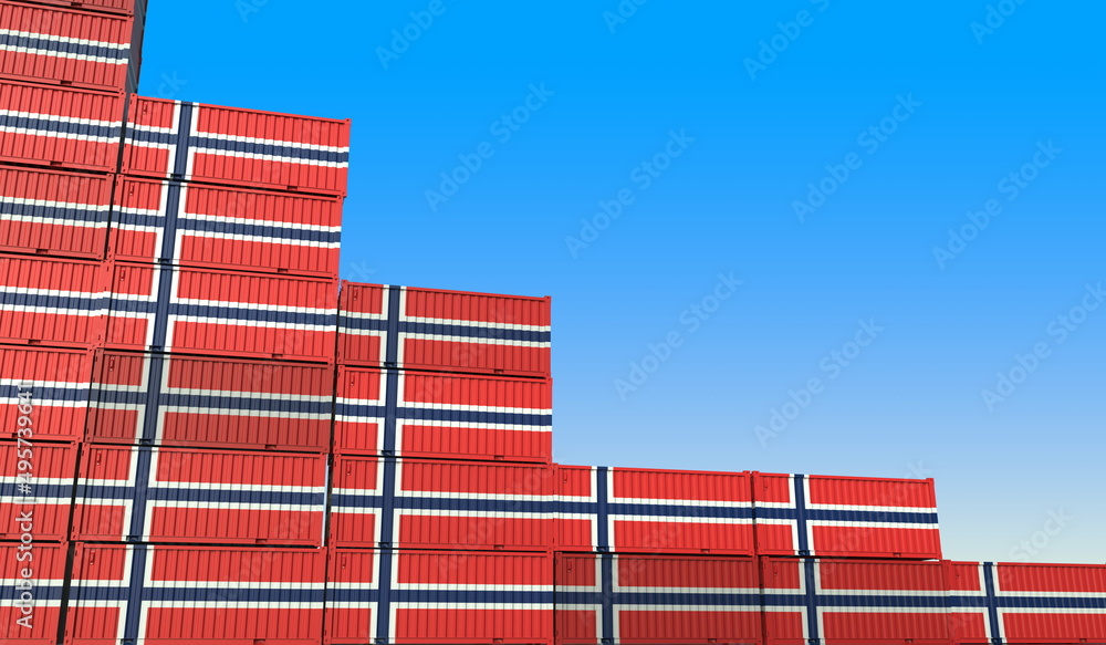 Poster containers with flag of norway represent declining trend. economic or export crisis concept. 3d rend