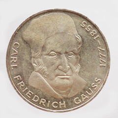  a 5 Deutsche Mark coin of the Federal Republic of Germany showing a portrait of the German...