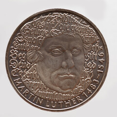 Germany - circa 1983 : a 5 German Mark coin of the Federal Republic of Germany showing a portrait...