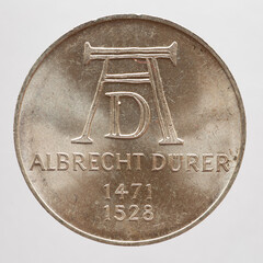 Germany - circa 1971 : a 5 Deutsche Mark coin of the Federal Republic of Germany showing the...