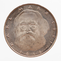 Germany - circa 1983 : a 5 Deutsche Mark coin of the Federal Republic of Germany showing a portrait...