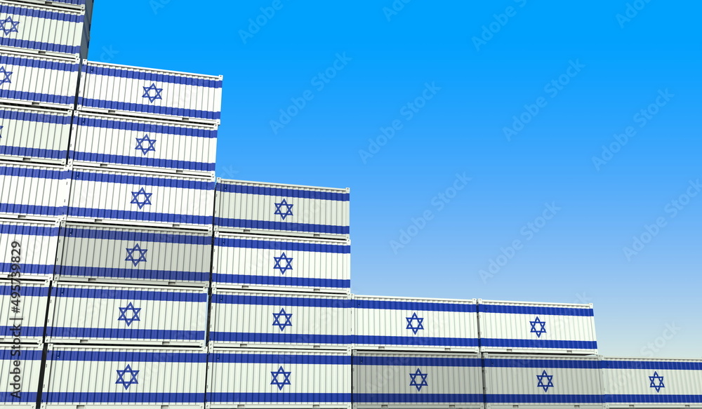 Poster containers with flag of israel represent declining trend. economic or export crisis concept. 3d rend