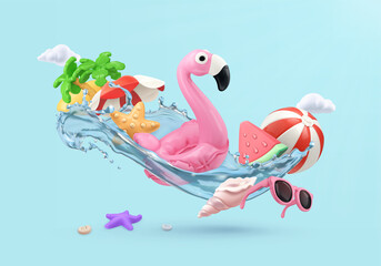 Summer vacation. 3d render vector realistic elements - obrazy, fototapety, plakaty