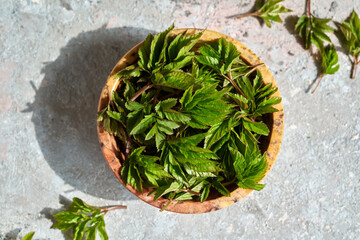 Fresh young ground elder plant in a bowl on a table