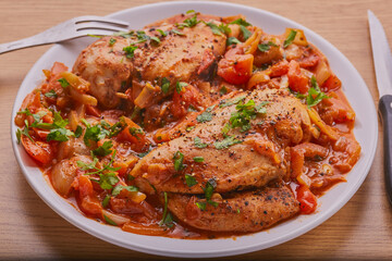 Creamy coconut milk chicken garnished with parsley.