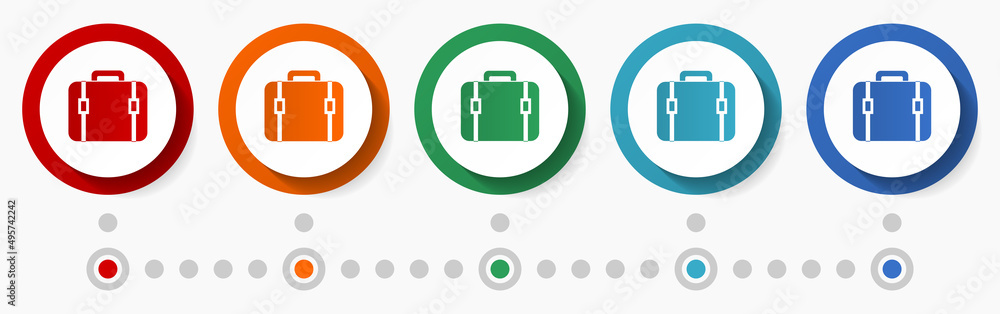 Aufkleber suitcase, case concept vector icon set, flat design colorful buttons, infographic template in 5 colo