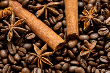 Kawa, ziarna, anyż, cynamon, przyprawa, anyż gwiazdkowaty, dekoracja