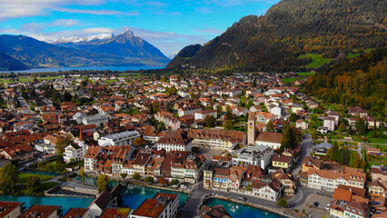 Aerial view over the city of Interlaken in Switzerland - amazing drone footage