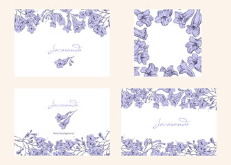 Set frame and background for design wedding invite menu restaurant greeting card poster. Holiday set of flowering Jacaranda tree. Blooming branches.Hand drawn illustration.