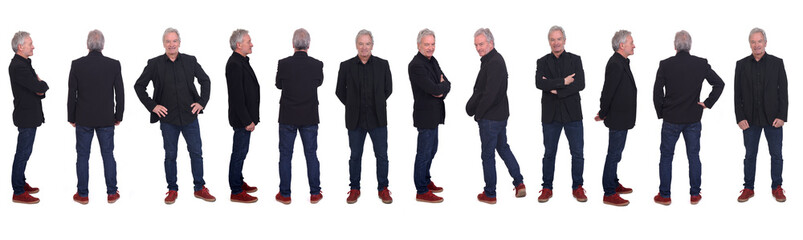 line of large group of same man various poses with clothing  sneakers, jeans and blazeron white background