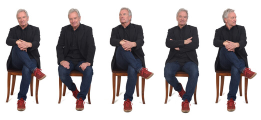 front view of a same man sitting  on chair with sneakers jeans and blazer, various poses on white...