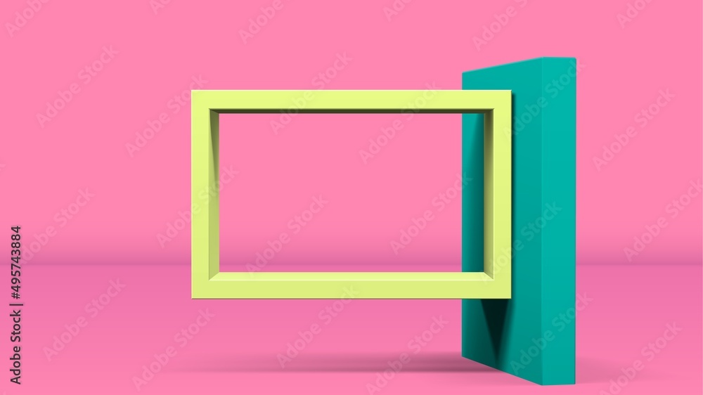 Poster 3D frame on stand or abstract minimalistic rectangle composition with the colorful room on the background