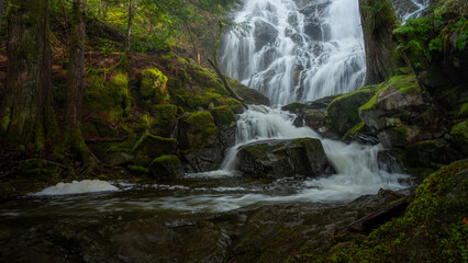 Beautiful waterfall falling down the mossy rocks in the middle of a forest