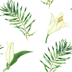 Watercolor seamless pattern with white lilies. Isolated  illustrations on white background. Hand drawn painting
