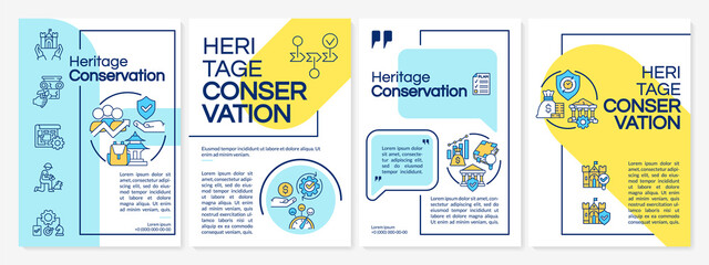 Heritage conservation blue and yellow brochure template. Landmark restoration. Leaflet design with linear icons. 4 vector layouts for presentation, annual reports. Questrial, Lato-Regular fonts used
