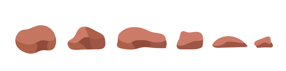 Set of brown stones. Vector 3d rocks. Clipart isolated on white background.