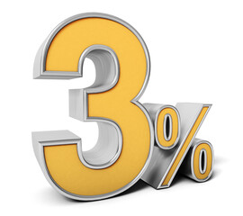 three golden percent 3d isolated on white Background. Percentage, sale Concept. 3D rendering. 3D illustration