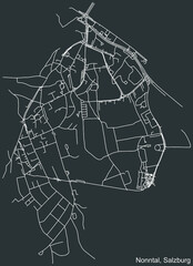 Detailed negative navigation white lines urban street roads map of the NONNTAL DISTRICT of the Austrian regional capital city of Salzburg, Austria on dark gray background