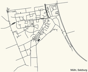 Detailed navigation black lines urban street roads map of the MÜLLN DISTRICT of the Austrian regional capital city of Salzburg, Austria on vintage beige background