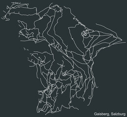 Detailed negative navigation white lines urban street roads map of the GAISBERG DISTRICT of the Austrian regional capital city of Salzburg, Austria on dark gray background