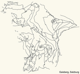 Detailed navigation black lines urban street roads map of the GAISBERG DISTRICT of the Austrian regional capital city of Salzburg, Austria on vintage beige background