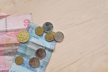 Ukrainian national money Ghryvna and coins copy space