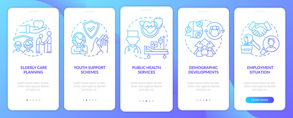 Social planning examples blue gradient onboarding mobile app screen. Walkthrough 5 steps graphic instructions pages with linear concepts. UI, UX, GUI template. Myriad Pro-Bold, Regular fonts used