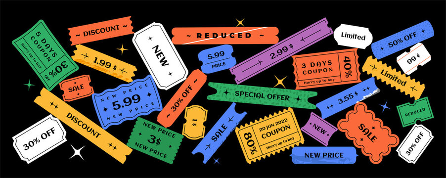 Set of stacked coupons, price tags and ribbons with discounts and special offers,landing page