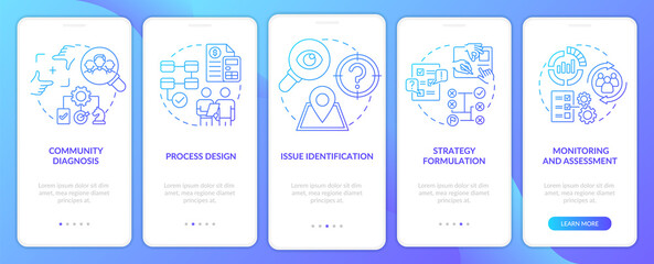 Fototapeta na wymiar Social planning stages blue gradient onboarding mobile app screen. Walkthrough 5 steps graphic instructions pages with linear concepts. UI, UX, GUI template. Myriad Pro-Bold, Regular fonts used
