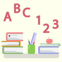 Ilustração em vetor de duas pilhas de livros coloridos com uma maçã em cima e um porta lápis.
