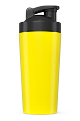 Yellow plastic sport shaker for protein drink isolated on white background.