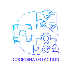Coordinated action blue gradient concept icon. Team strategy and work. Synergy. ILAP principle abstract idea thin line illustration. Isolated outline drawing. Myriad Pro-Bold fonts used
