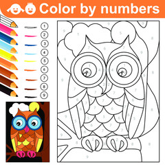 Color by Numbers. Owl on a tree branch at night. Coloring puzzle with numbers for kids. Coloring page. Bird at nature. Worksheet at school, home. Sketch  vector illustration. Printable page