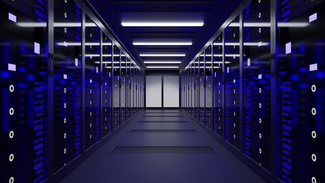 Camera slides through doors in big data center. 3d render 4k footage