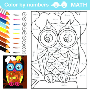 Color by numbers - addition and subtraction worksheet for education. Coloring book. Solve examples and paint owl on a tree branch. Math exercises worksheet. Developing counting learn. Print for kids