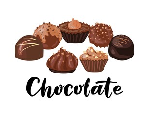 Various chocolates together. Lettering. Vector illustration for shop, cafe, packaging, postcard, banner, advertisement.