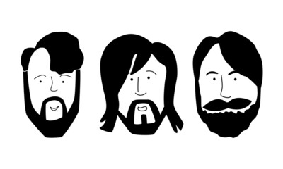 Set of men, hipsters with trendy hairstyles and beards. Silhouettes, emblems, badges, labels. Vector illustration in doodle style.