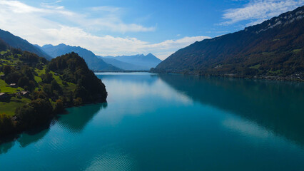 Fototapeta na wymiar Amazing Lake Brienz in Switzerland with its blue water - aerial view