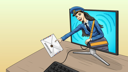 The postman girl holds out a new letter from the computer screen.