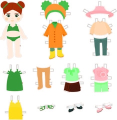 Fototapeta premium Paper doll. Redhead girl with several sets of clothes