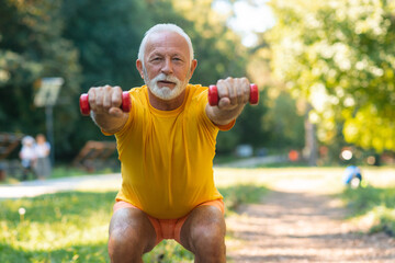  An older man exercises outside while holding weights