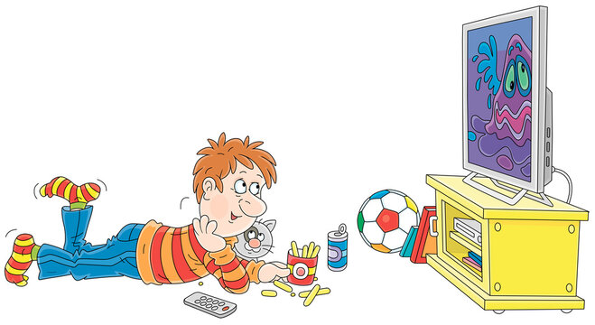 Cheerful boy lying on the floor with his cat and watching TV with a funny cartoon, vector illustration on a white background