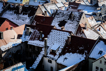 View of houses with snowy rooftops in Slovenia