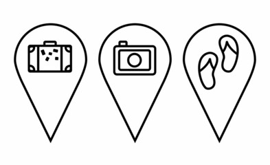Pin icons set. Location sign and symbol. Pins directly pointing to the sea, Tourism, travel, flight, tropics. Design elements of suitcase, camera, sandals for banner, poster, advertising, game, apps