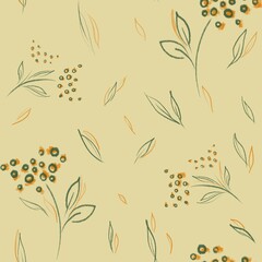 Seamless pattern with small flowers and leaves. Sketch of flowers on a beige pastel background. Print for textiles, wallpaper, clothing, children's clothing, postcards, envelopes, invitations.