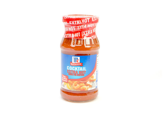 Bottled McCormick Cocktail Extra Hot Sauce For Seafood Isolated Over A White Background