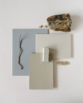 Textures mood board. Material samples interior design. Moodboard for architects styling and selection. Top view moodboard