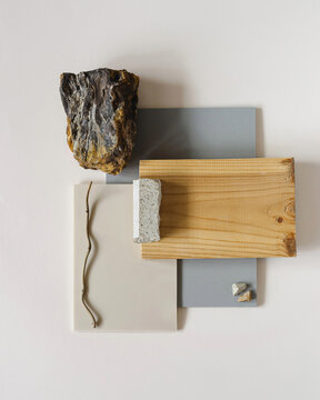Textures mood board. Material samples interior design. Moodboard for architects styling and selection. Top view moodboard