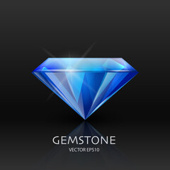 Vector Banner with 3d Realistic Blue Transparent Gemstone, Diamond, Crystal, Rhinestones Closeup on Black. Jewerly Concept. Design Template, Clipart. Side View