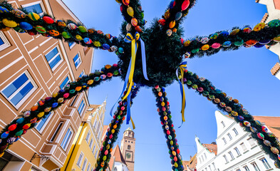 typical decorated easter well at the old town of Donauwörth